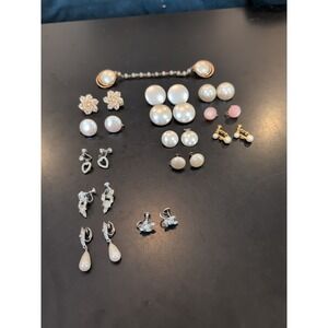Lot Of 14 Costume Earrings Jewelry Faux Pearls/ Diamonds Vintage Clip On